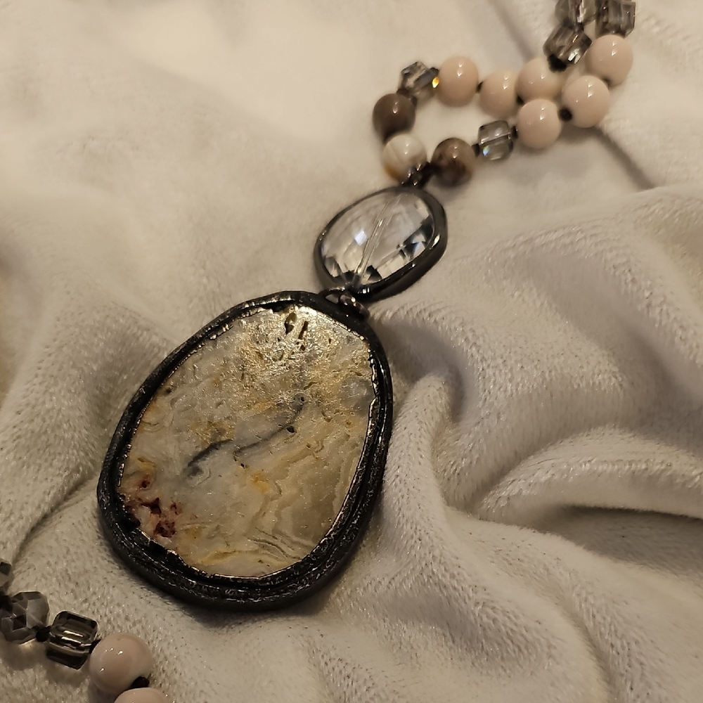 Natural Stone Necklace with Cream and Brown Accents Hand Crafted - Picture 5 of 6
